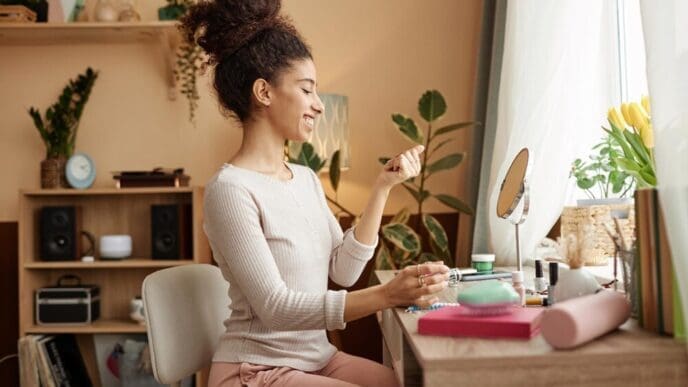 A young girl smiles while examining her freshly manicured nails.