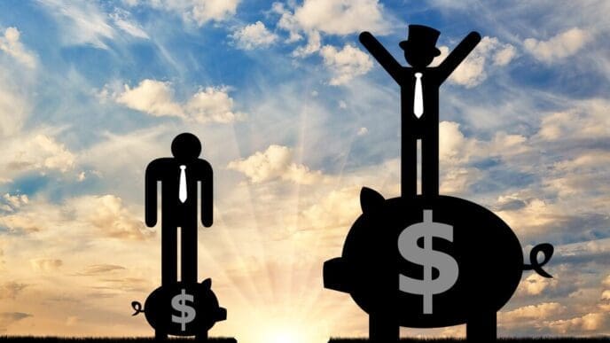 Flat icons depict a stark visual contrast between the wealthy and the poor, with people standing on piggy banks to represent economic disparity.