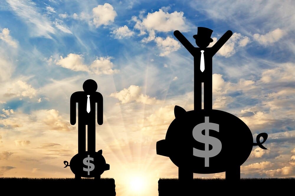 Flat icons depict a stark visual contrast between the wealthy and the poor, with people standing on piggy banks to represent economic disparity.