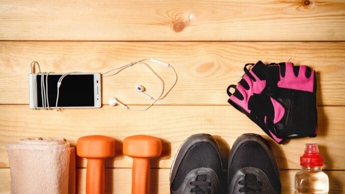 Sports equipment, including balls and cones, is arranged on a wooden floor.