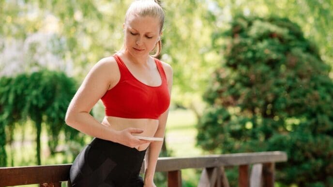 Blond woman in athletic wear rests in a park, using her phone with earphones after a workout.