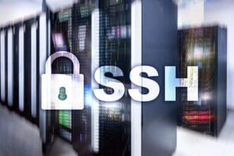 A padlock icon overlaid on a network of connected lines and nodes represents secure data transmission using the SSH protocol.