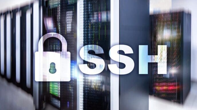 A padlock icon overlaid on a network of connected lines and nodes represents secure data transmission using the SSH protocol.