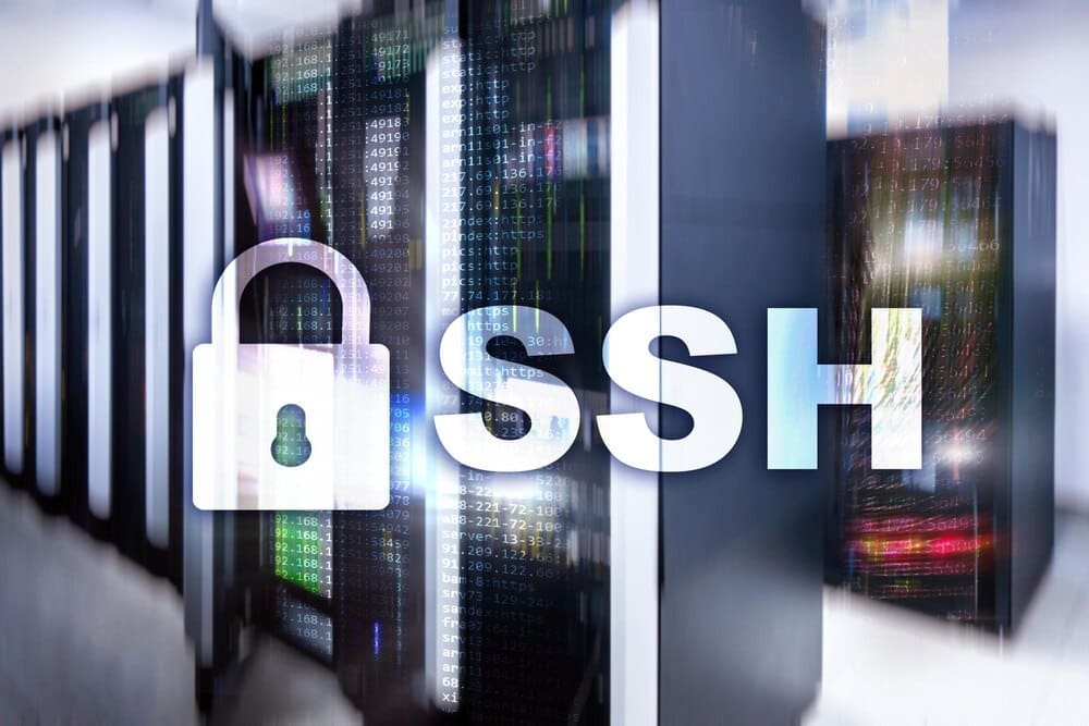 A padlock icon overlaid on a network of connected lines and nodes represents secure data transmission using the SSH protocol.