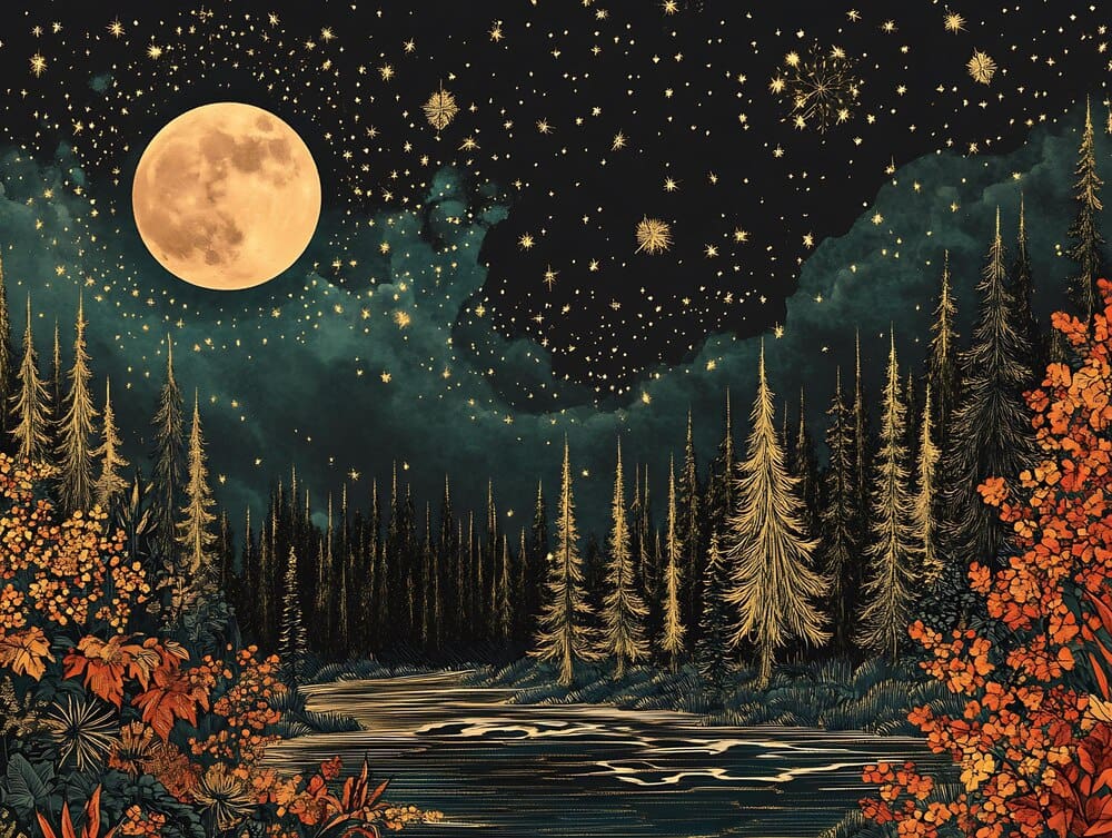 A nighttime scene depicts a full moon shining over trees, a river, and a starry sky.