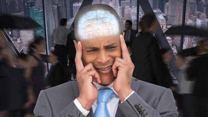 A stressed businessman puts his fingers to his temples in an office with a large window overlooking a city.