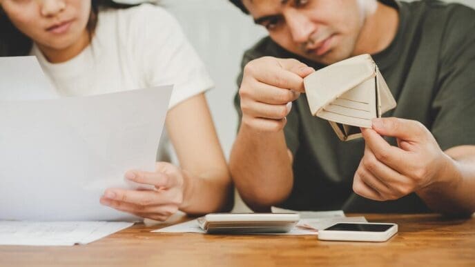 An Asian couple looks stressed while reviewing finances, indicating financial strain and possible debt.