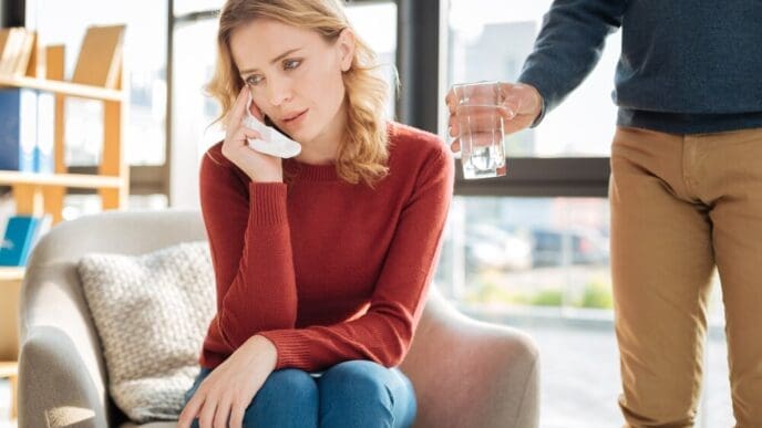 A young woman sits in an armchair, crying and looking unhappy while contemplating personal problems.