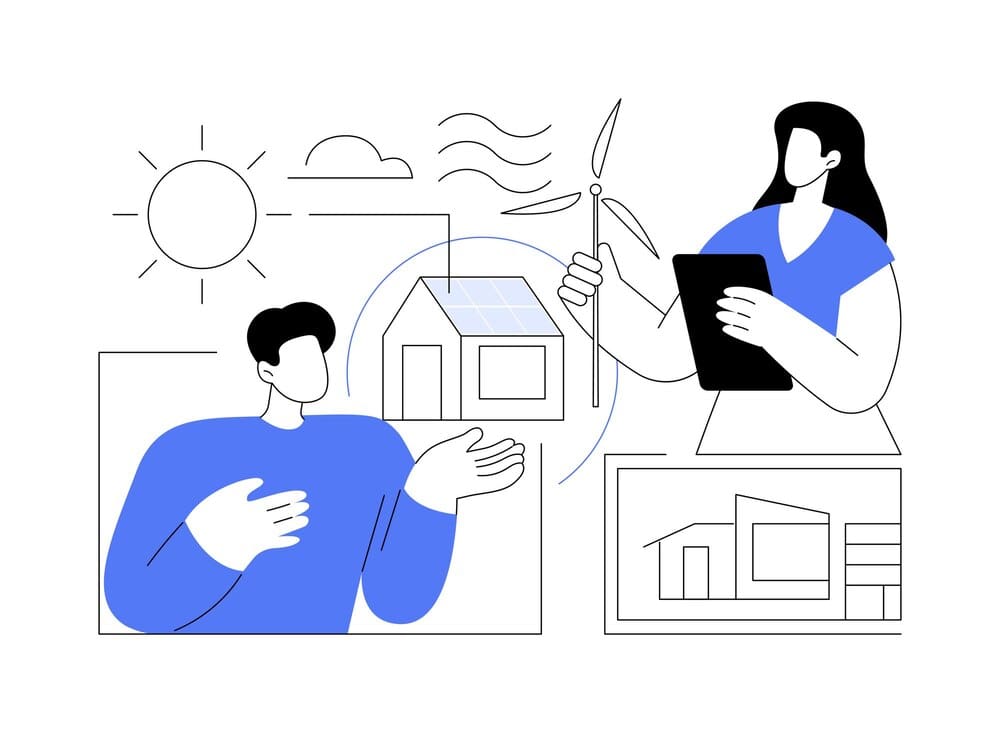 Abstract illustration of a building with overlapping green and blue shapes, representing sustainable architecture consultancy.