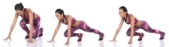 Full-length studio shot of a tanned Asian woman in a sports bra, yoga pants, and sneakers, exercising and sweating against a white background.