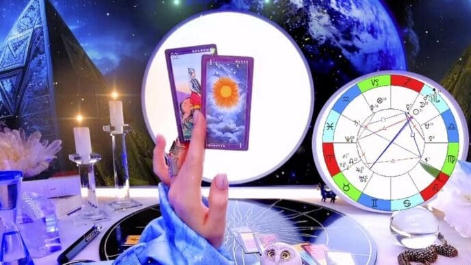A person's hands are shown holding a tarot card during a fortune-telling session.