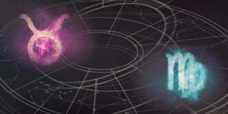 Abstract illustration of the Taurus and Virgo astrological signs, depicted against a dark, starry night sky.