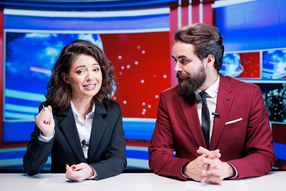 A team of presenters is standing in a studio and delivering a live newscast.