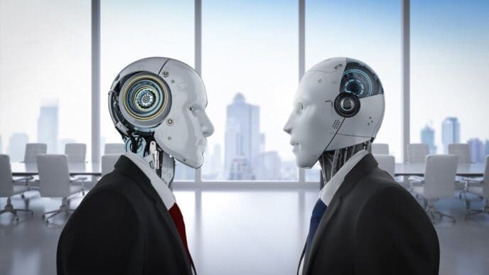 A robotic businessman confronts another robotic figure, illustrating a technology confrontation concept.