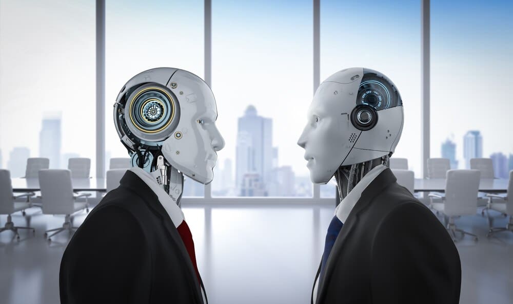A robotic businessman confronts another robotic figure, illustrating a technology confrontation concept.