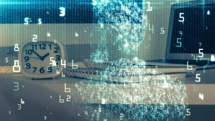 A multi-exposure image depicts a workspace with a computer and overlaid technology-themed drawings, symbolizing innovation.