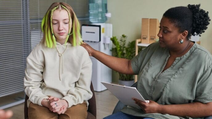 A teenage girl sits in a chair, talking with a specialist who is giving her advice during a therapy session.