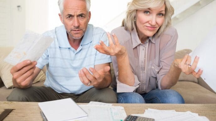 A mature couple looks concerned while reviewing bills with a calculator.