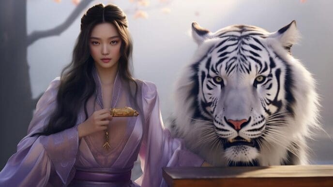 A woman in a purple dress stands beside a white tiger.