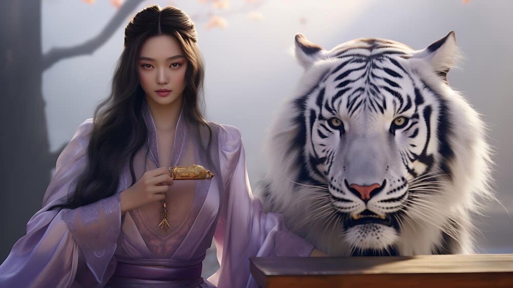 A woman in a purple dress stands beside a white tiger.