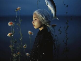 A woman wears a fish on her head adorned with flowers, as depicted in a generative AI image.