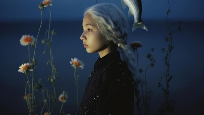 A woman wears a fish on her head adorned with flowers, as depicted in a generative AI image.