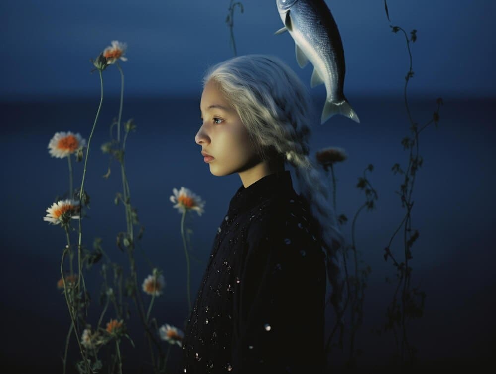 A woman wears a fish on her head adorned with flowers, as depicted in a generative AI image.