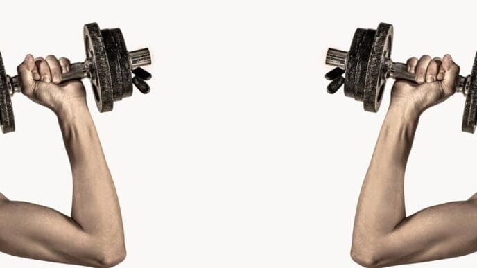 A thin man in athletic wear lifts a dumbbell, showcasing his bicep muscle.