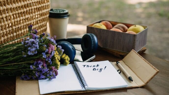 A partially visible hand writes "Think Big" in an open notebook on a wooden table, outdoors.