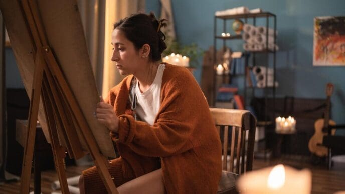 A young girl sits in a chair at home, focused on sketching or drawing on a canvas at an easel.