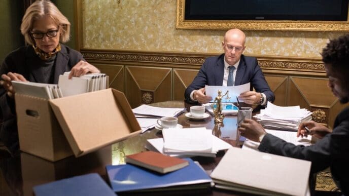 Three lawyers, dressed in modern attire, collaborate around a table covered in documents.