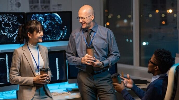 Three coworkers smile and chat over drinks while seated at a desk with computer monitors.
