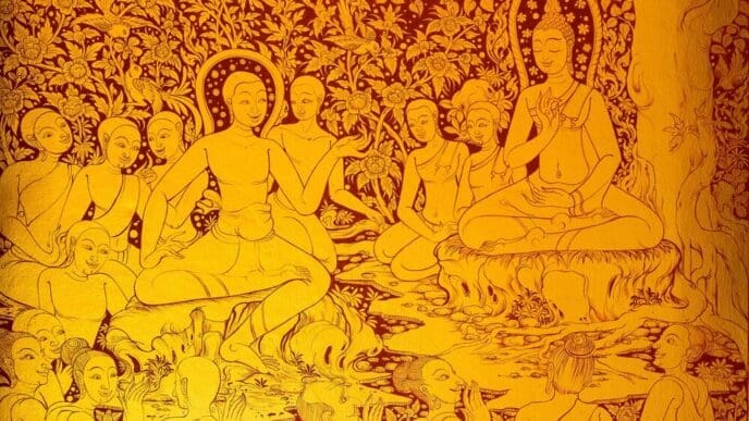 A yellow painting is displayed at a tilt on a wall.