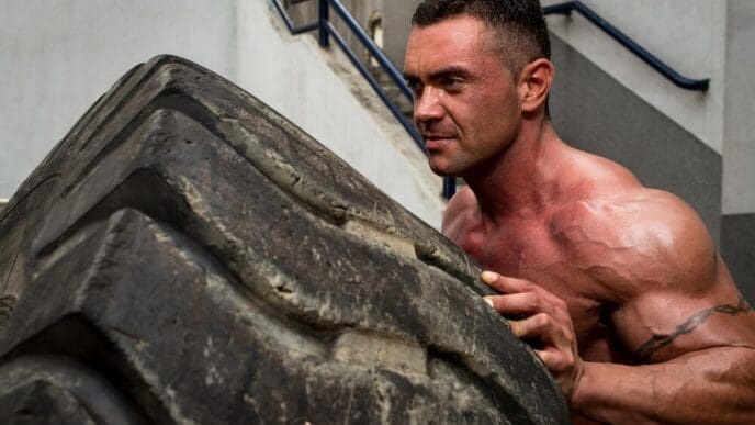 A person performs a workout by flipping a large tire.
