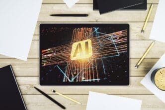 Top-down view of a digital tablet screen displaying a creative illustration of a neural network and machine learning concept.