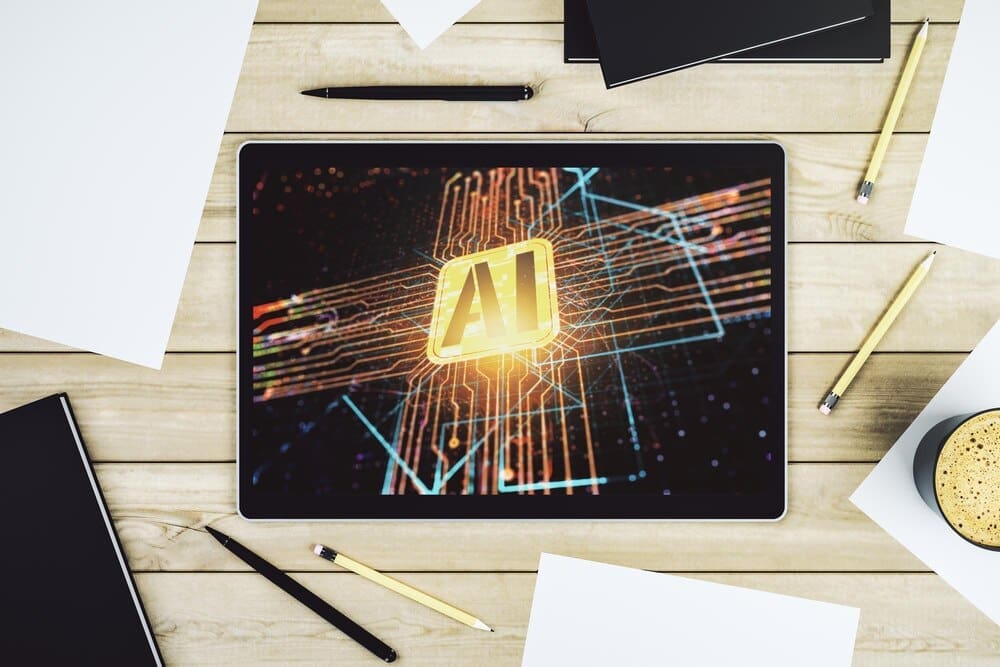 Top-down view of a digital tablet screen displaying a creative illustration of a neural network and machine learning concept.