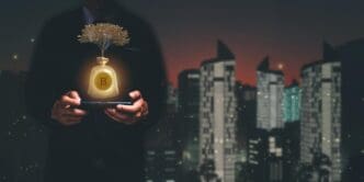 Various cryptocurrency coins, including Bitcoin, are displayed, representing trading and investment in the Metaverse.