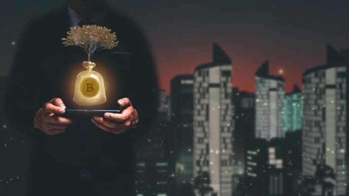 Various cryptocurrency coins, including Bitcoin, are displayed, representing trading and investment in the Metaverse.