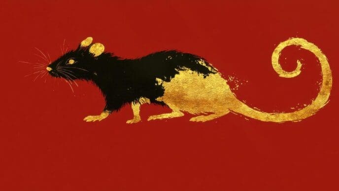 Illustration of a rat, depicted in a traditional Chinese style with brushstrokes, set against a red background.