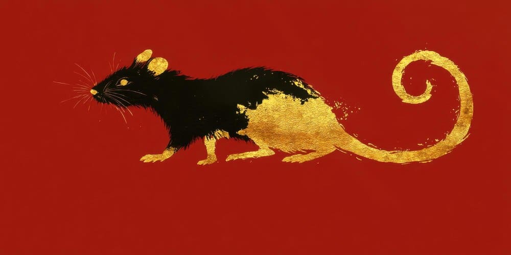 Illustration of a rat, depicted in a traditional Chinese style with brushstrokes, set against a red background.