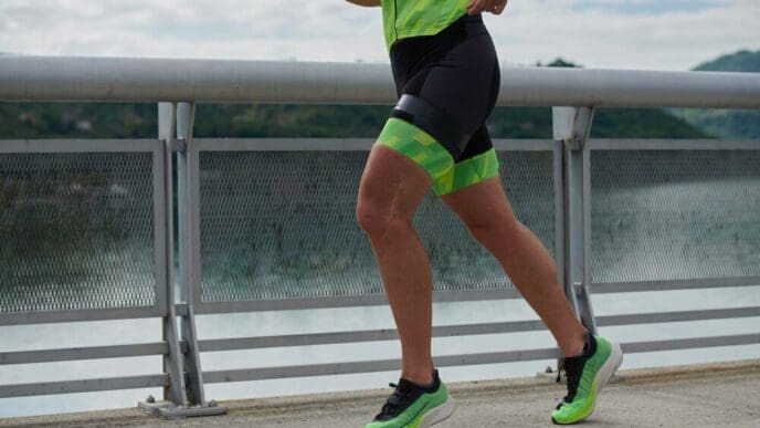 A triathlete runs on a paved street.