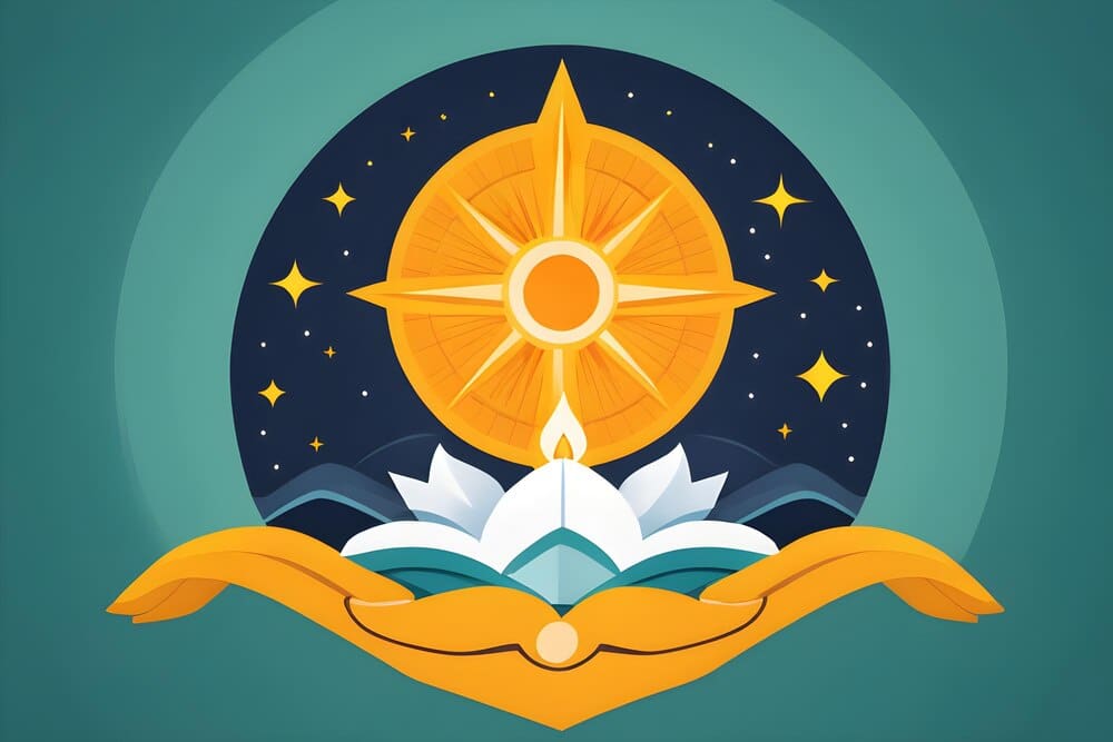 Two hands cradle a lotus flower and lit candle, with a bright star visible, symbolizing World Religion Day.