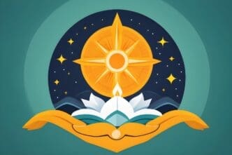 Two hands cradle a lit candle and a lotus flower against a backdrop of bright stars, commemorating World Religion Day.