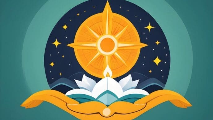 Two hands cradle a lit candle and a lotus flower against a backdrop of bright stars, commemorating World Religion Day.