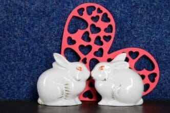 Two white porcelain rabbits are positioned in front of a red heart, symbolizing love.