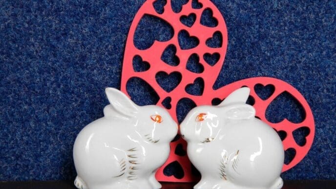 Two white porcelain rabbits are positioned in front of a red heart, symbolizing love.