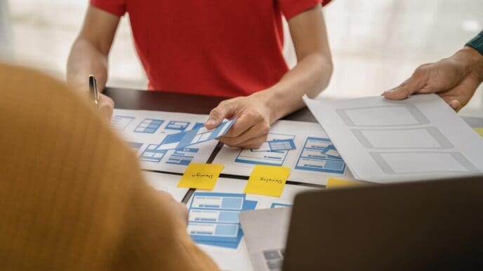 UI designer and customer collaborating, brainstorming mobile app interface wireframe designs, with color codes and a brief, in an office setting.