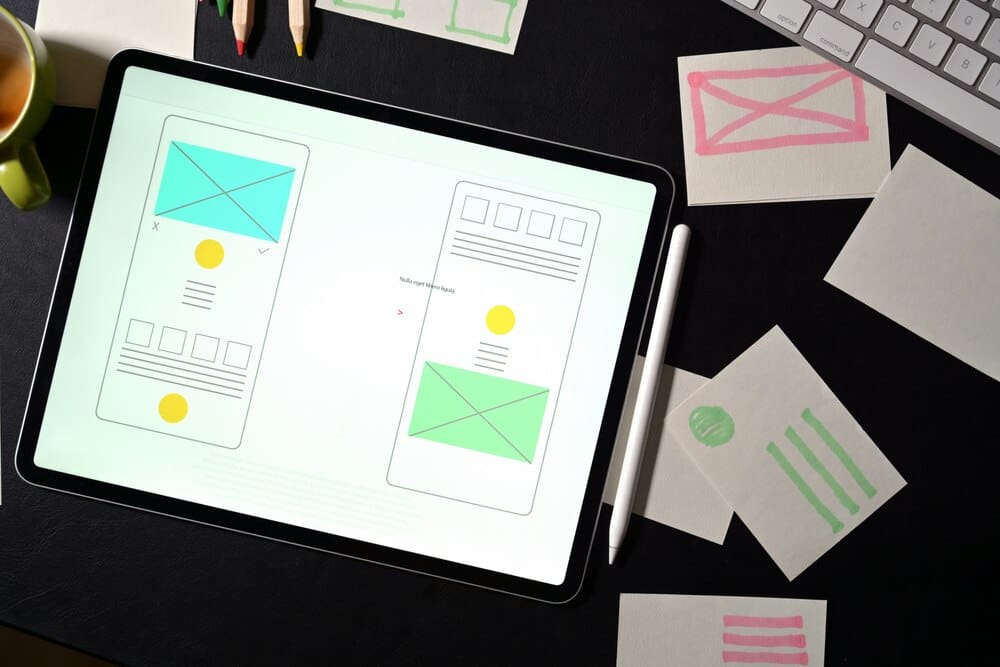 A person works at a desk with a laptop displaying a website template, surrounded by design tools.