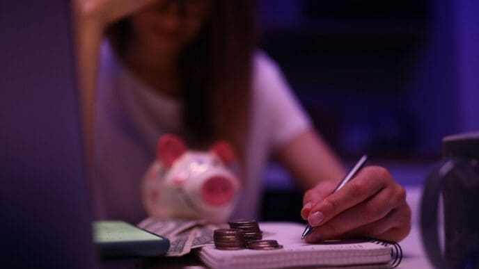 An upset woman leans over a family budget and scattered money.