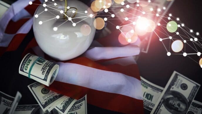 A red apple sits on a table covered with US dollar banknotes, representing business in New York City.